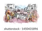 Building view with landmark of Tel Aviv, a city on Israel’s Mediterranean coast. Watercolor splash with Hand drawn sketch illustration in vector.