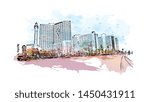 Building view with landmark of Tel Aviv, a city on Israel’s Mediterranean coast. Watercolor splash with Hand drawn sketch illustration in vector.