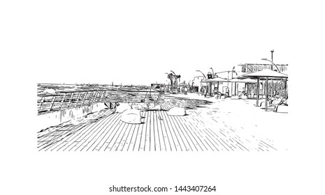 Building view with landmark of Tel Aviv, a city on Israel’s Mediterranean coast. Hand drawn sketch illustration in vector.