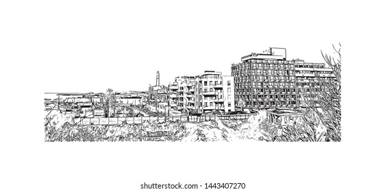 Building view with landmark of Tel Aviv, a city on Israel’s Mediterranean coast. Hand drawn sketch illustration in vector.