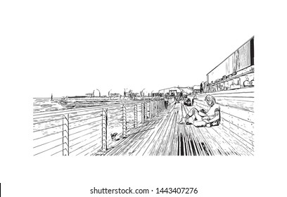 Building view with landmark of Tel Aviv, a city on Israel’s Mediterranean coast. Hand drawn sketch illustration in vector.