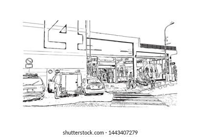 Building view with landmark of Tel Aviv, a city on Israel’s Mediterranean coast. Hand drawn sketch illustration in vector.