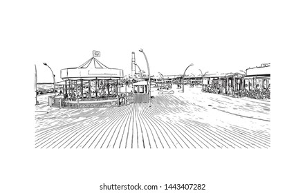 Building view with landmark of Tel Aviv, a city on Israel’s Mediterranean coast. Hand drawn sketch illustration in vector.