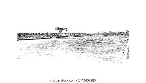 Building view with landmark of Tel Aviv, a city on Israel’s Mediterranean coast. Hand drawn sketch illustration in vector.