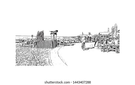 Building view with landmark of Tel Aviv, a city on Israel’s Mediterranean coast. Hand drawn sketch illustration in vector.