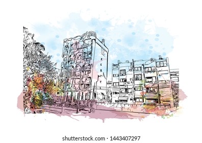 Building view with landmark of Tel Aviv, a city on Israel’s Mediterranean coast. Watercolor splash with Hand drawn sketch illustration in vector.