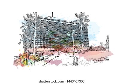 Building view with landmark of Tel Aviv, a city on Israel’s Mediterranean coast. Watercolor splash with Hand drawn sketch illustration in vector.