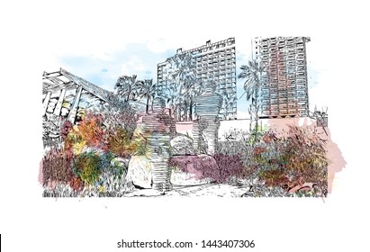 Building view with landmark of Tel Aviv, a city on Israel’s Mediterranean coast. Watercolor splash with Hand drawn sketch illustration in vector.