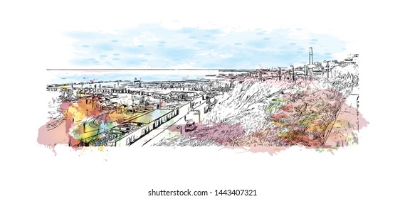 Building view with landmark of Tel Aviv, a city on Israel’s Mediterranean coast. Watercolor splash with Hand drawn sketch illustration in vector.