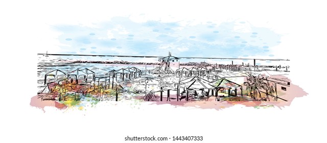 Building view with landmark of Tel Aviv, a city on Israel’s Mediterranean coast. Watercolor splash with Hand drawn sketch illustration in vector.