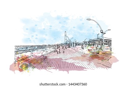 Building view with landmark of Tel Aviv, a city on Israel’s Mediterranean coast. Watercolor splash with Hand drawn sketch illustration in vector.