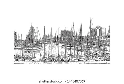 Building view with landmark of Tel Aviv, a city on Israel’s Mediterranean coast. Hand drawn sketch illustration in vector.