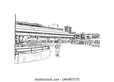 Building view with landmark of Tel Aviv, a city on Israel’s Mediterranean coast. Hand drawn sketch illustration in vector.