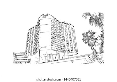 Building view with landmark of Tel Aviv, a city on Israel’s Mediterranean coast. Hand drawn sketch illustration in vector.
