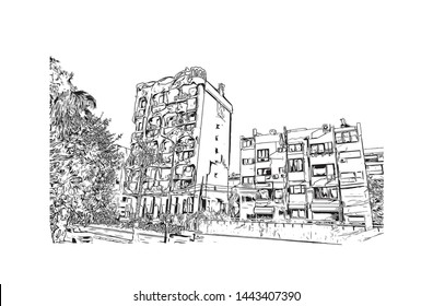 Building view with landmark of Tel Aviv, a city on Israel’s Mediterranean coast. Hand drawn sketch illustration in vector.