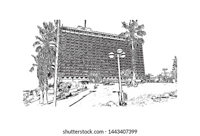 Building view with landmark of Tel Aviv, a city on Israel’s Mediterranean coast. Hand drawn sketch illustration in vector.