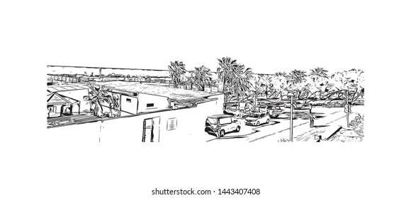 Building view with landmark of Tel Aviv, a city on Israel’s Mediterranean coast. Hand drawn sketch illustration in vector.