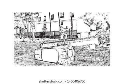 Building view with landmark of Tel Aviv, a city on Israel’s Mediterranean coast. Hand drawn sketch illustration in vector.