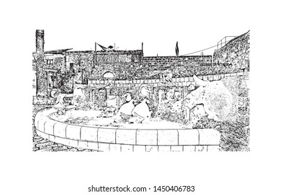 Building view with landmark of Tel Aviv, a city on Israel’s Mediterranean coast. Hand drawn sketch illustration in vector.
