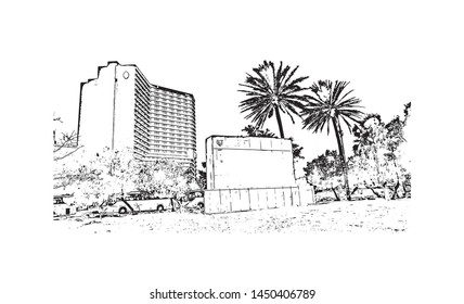 Building view with landmark of Tel Aviv, a city on Israel’s Mediterranean coast. Hand drawn sketch illustration in vector.