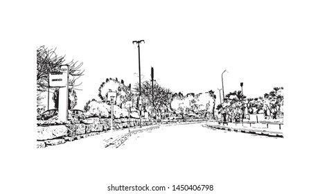 Building view with landmark of Tel Aviv, a city on Israel’s Mediterranean coast. Hand drawn sketch illustration in vector.