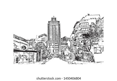 Building view with landmark of Tel Aviv, a city on Israel’s Mediterranean coast. Hand drawn sketch illustration in vector.
