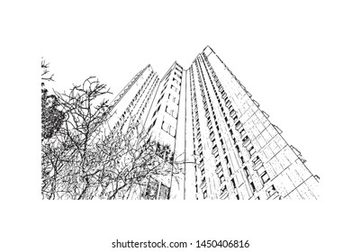 Building view with landmark of Tel Aviv, a city on Israel’s Mediterranean coast. Hand drawn sketch illustration in vector.