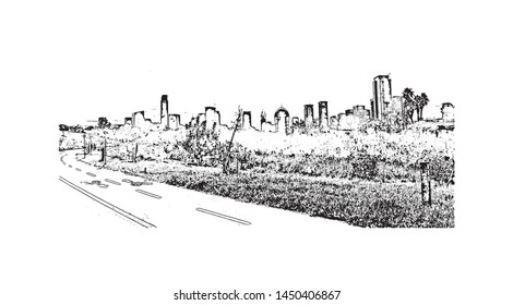 Building view with landmark of Tel Aviv, a city on Israel’s Mediterranean coast. Hand drawn sketch illustration in vector.