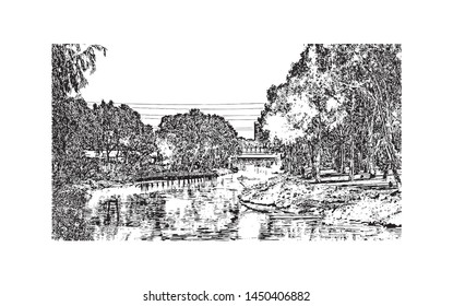 Building view with landmark of Tel Aviv, a city on Israel’s Mediterranean coast. Hand drawn sketch illustration in vector.