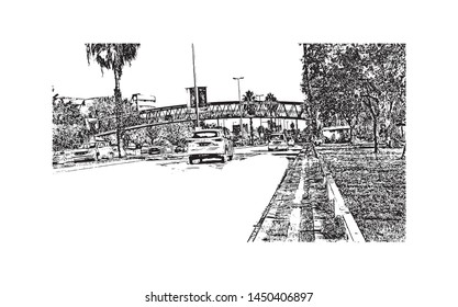 Building view with landmark of Tel Aviv, a city on Israel’s Mediterranean coast. Hand drawn sketch illustration in vector.