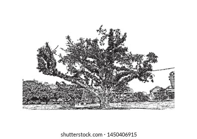 Building view with landmark of Tel Aviv, a city on Israel’s Mediterranean coast. Hand drawn sketch illustration in vector.