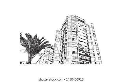Building view with landmark of Tel Aviv, a city on Israel’s Mediterranean coast. Hand drawn sketch illustration in vector.