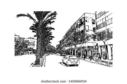 Building view with landmark of Tel Aviv, a city on Israel’s Mediterranean coast. Hand drawn sketch illustration in vector.