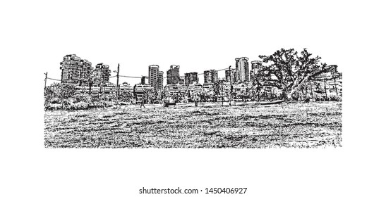 Building view with landmark of Tel Aviv, a city on Israel’s Mediterranean coast. Hand drawn sketch illustration in vector.