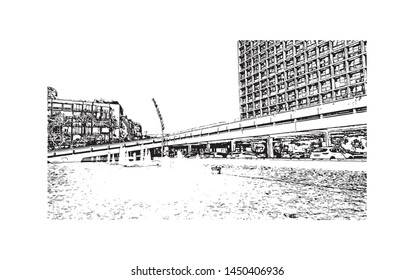 Building view with landmark of Tel Aviv, a city on Israel’s Mediterranean coast. Hand drawn sketch illustration in vector.