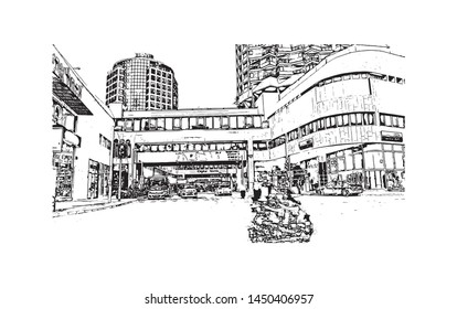 Building view with landmark of Tel Aviv, a city on Israel’s Mediterranean coast. Hand drawn sketch illustration in vector.