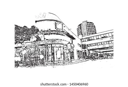 Building view with landmark of Tel Aviv, a city on Israel’s Mediterranean coast. Hand drawn sketch illustration in vector.