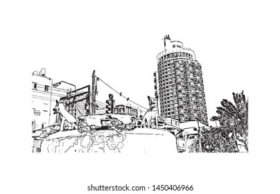 Building view with landmark of Tel Aviv, a city on Israel’s Mediterranean coast. Hand drawn sketch illustration in vector.