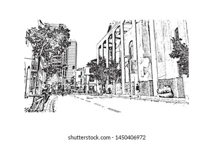 Building view with landmark of Tel Aviv, a city on Israel’s Mediterranean coast. Hand drawn sketch illustration in vector.