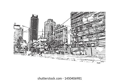 Building view with landmark of Tel Aviv, a city on Israel’s Mediterranean coast. Hand drawn sketch illustration in vector.