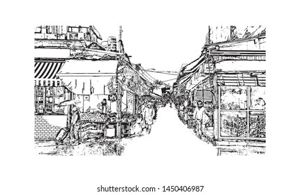 Building view with landmark of Tel Aviv, a city on Israel’s Mediterranean coast. Hand drawn sketch illustration in vector.