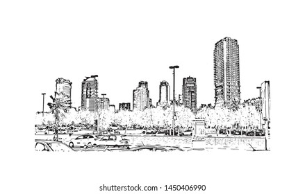 Building view with landmark of Tel Aviv, a city on Israel’s Mediterranean coast. Hand drawn sketch illustration in vector.