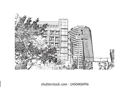 Building view with landmark of Tel Aviv, a city on Israel’s Mediterranean coast. Hand drawn sketch illustration in vector.