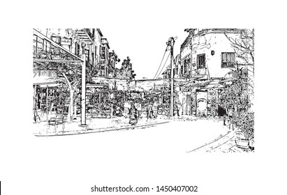 Building view with landmark of Tel Aviv, a city on Israel’s Mediterranean coast. Hand drawn sketch illustration in vector.