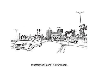 Building view with landmark of Tel Aviv, a city on Israel’s Mediterranean coast. Hand drawn sketch illustration in vector.