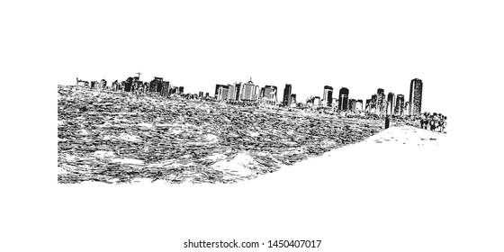 Building view with landmark of Tel Aviv, a city on Israel’s Mediterranean coast. Hand drawn sketch illustration in vector.