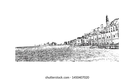 Building view with landmark of Tel Aviv, a city on Israel’s Mediterranean coast. Hand drawn sketch illustration in vector.