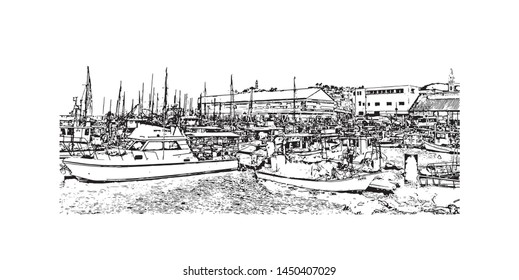 Building view with landmark of Tel Aviv, a city on Israel’s Mediterranean coast. Hand drawn sketch illustration in vector.