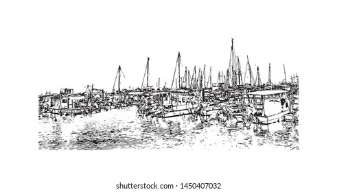 Building view with landmark of Tel Aviv, a city on Israel’s Mediterranean coast. Hand drawn sketch illustration in vector.