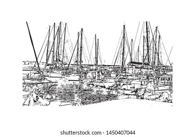 Building view with landmark of Tel Aviv, a city on Israel’s Mediterranean coast. Hand drawn sketch illustration in vector.